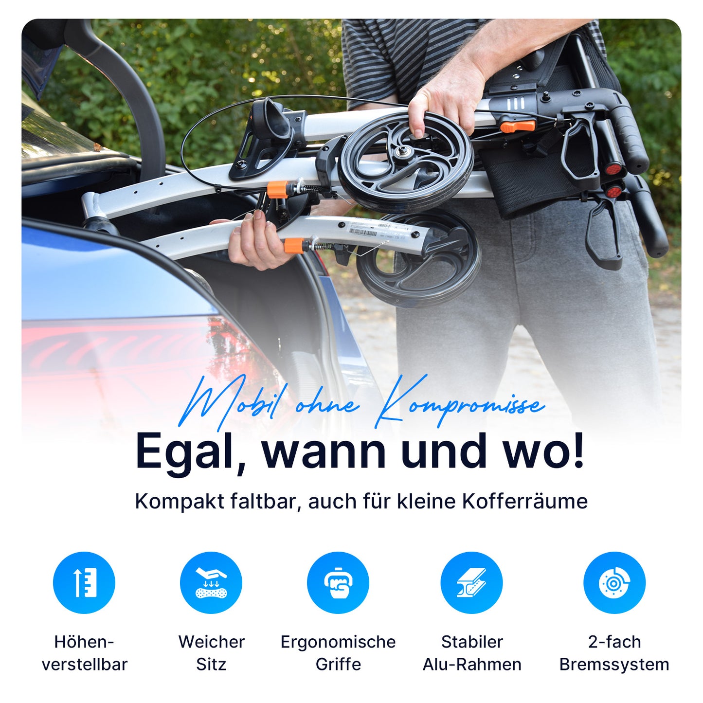 Kompakt faltbarer ISICARE Rollator, ideal für kleine Kofferräume, höhenverstellbar mit weichem Sitz