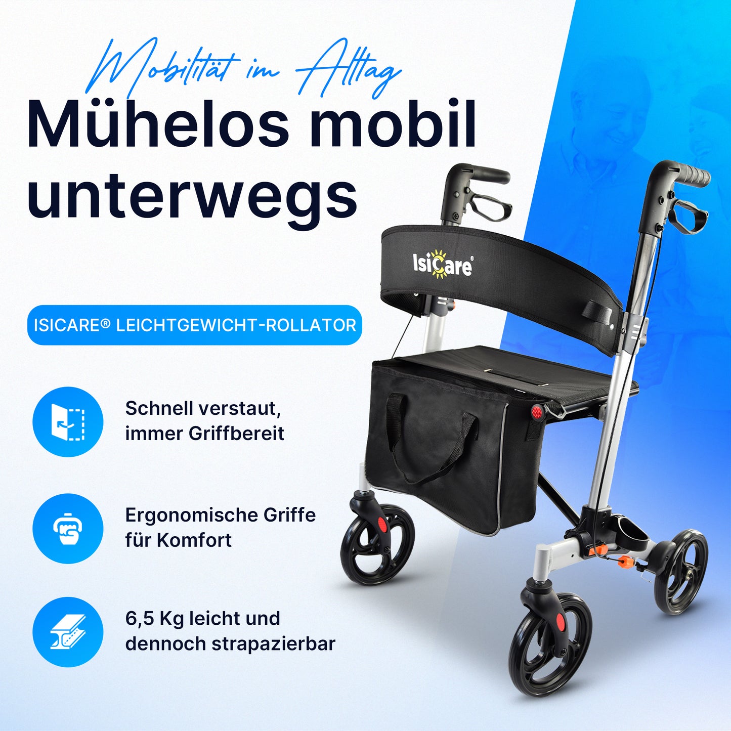 ISICARE Leichtgewicht-Rollator mit ergonomischen Griffen, 6,5 kg leicht und strapazierbar, mühelos mobil unterwegs