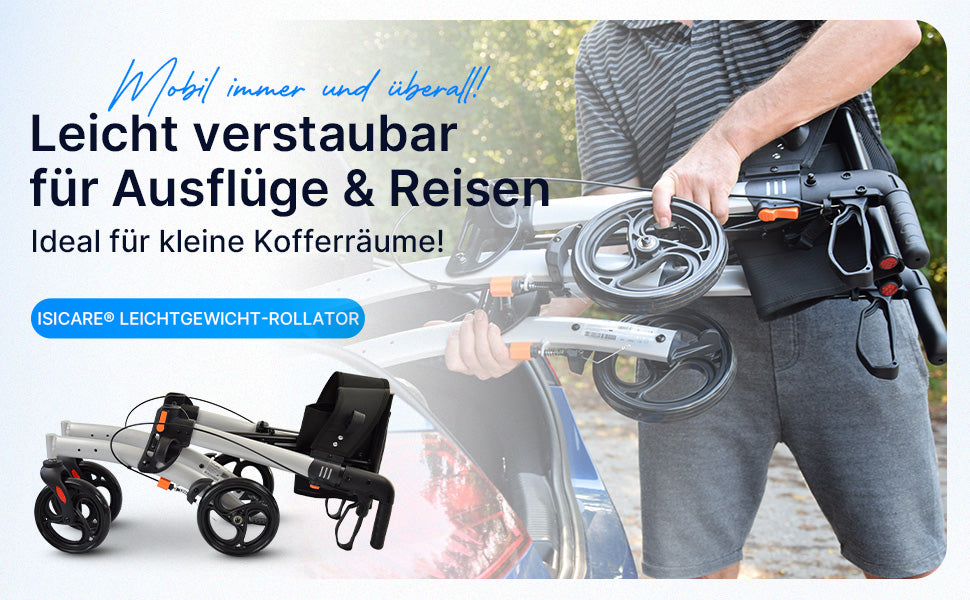 Faltbarer Rollator, ideal für den Transport im Auto, bietet Mobilität und Komfort beim Einkaufen.