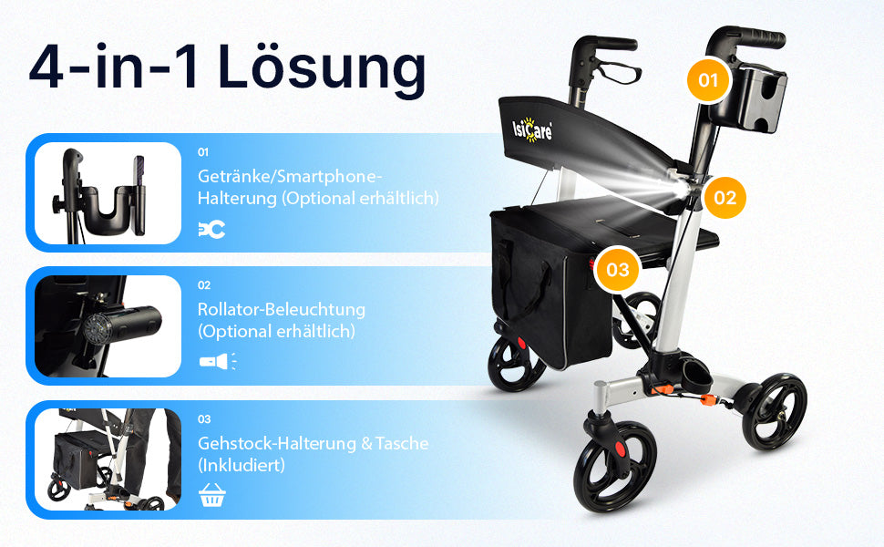 Gehwagen mit komfortablem Sitz und drehbarer Rückenlehne, optimal zum Sitzen und Fahren.