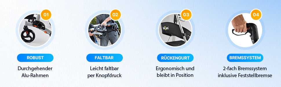 Wendiger Gehwagen mit abnehmbarer Tasche und Stockhalter, ideal zum sicheren Fortbewegen auf jedem Terrain.