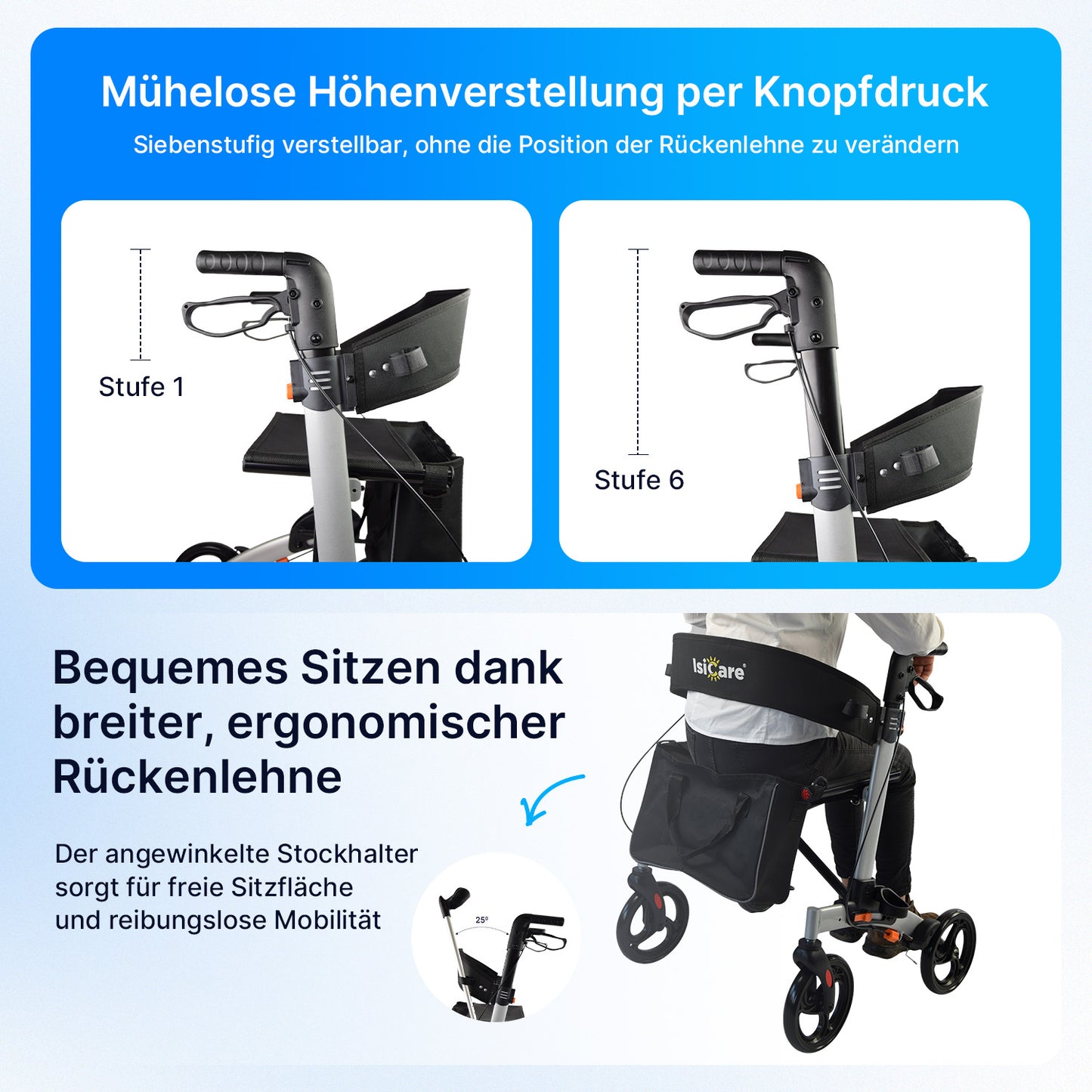 Mühelose Höhenverstellung des ISICARE Rollators per Knopfdruck mit breiter ergonomischer Rückenlehne