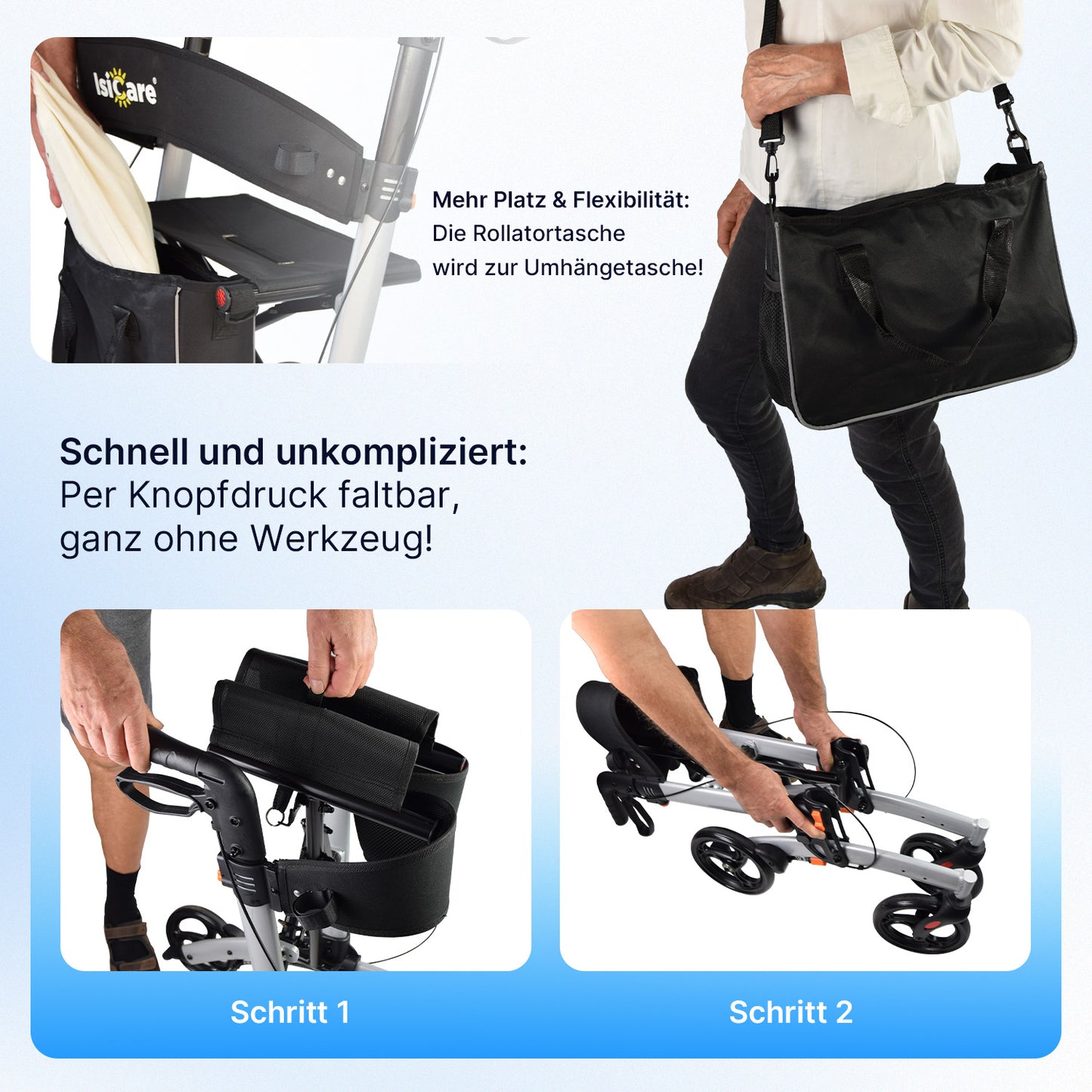 Mehr Platz & Flexibilität – die ISICARE Rollatortasche wird zur Umhängetasche, per Knopfdruck faltbar