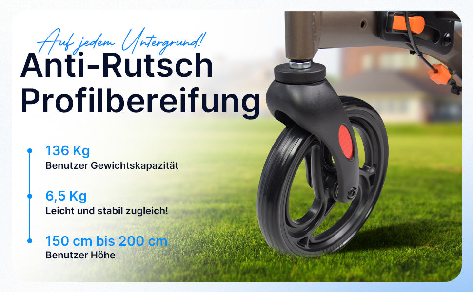Leichtgewicht Rollator mit Steighilfe zur Überwindung von Hindernissen, sicherer Halt drinnen und draußen.