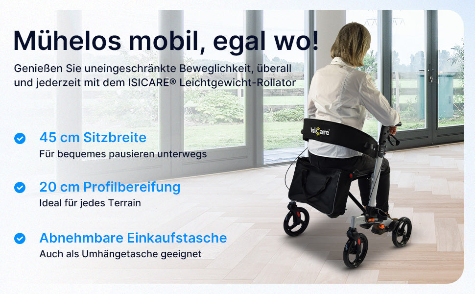 Leichtgewichtrollator mit Aluminiumrahmen für Senioren, ideal für Mobilität und Sicherheit.
