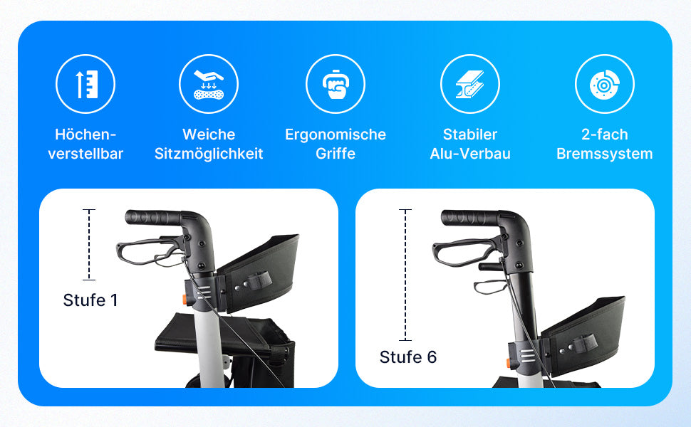 Reiserollator mit verstellbarer Griffhöhe und leichtem Design für einfache Handhabung unterwegs.
